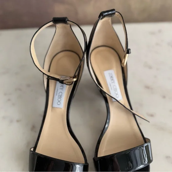 JIMMY CHOO Black patent leather low wedge heel sandals ankle strap